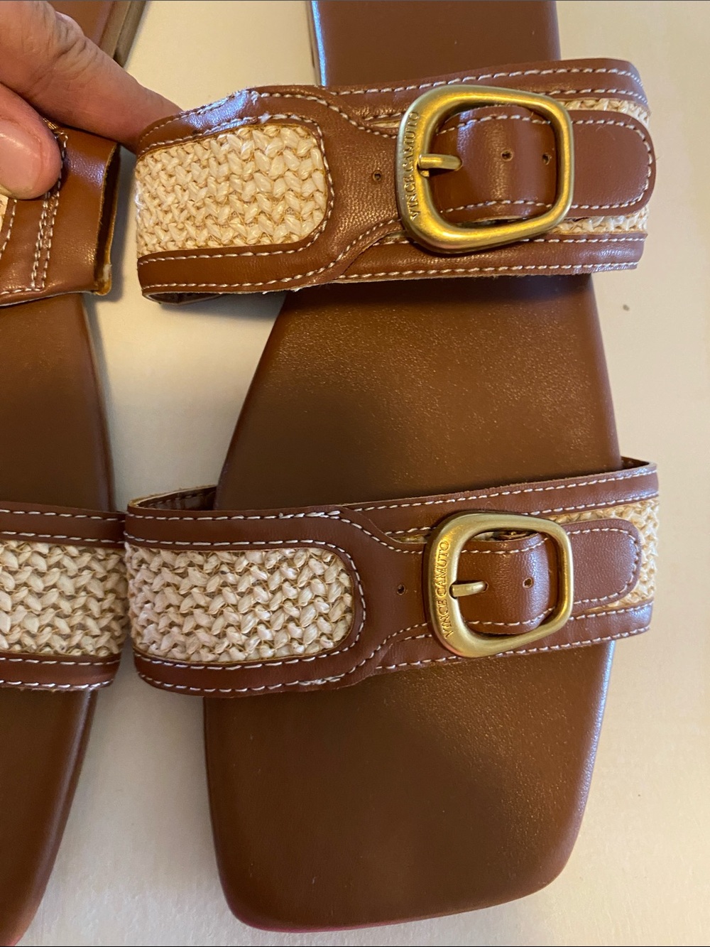 Vince Camuto Brown Woven Raffia Buckle Slide Sandals - Picture 2 of 5
